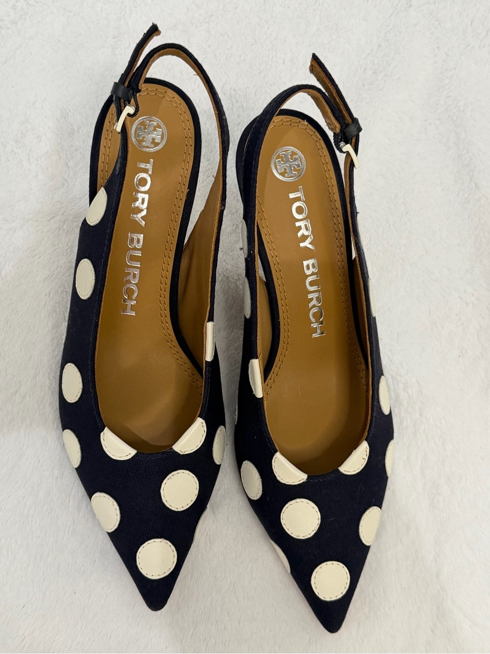 Tory Burch Polka Dot Slingback Heels Size 6M Navy White Pointed Toe Kitten Heel - Picture 9 of 16